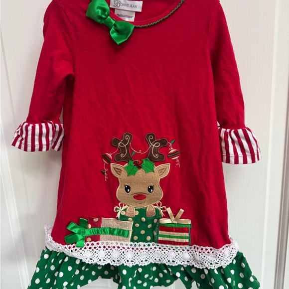 Bonnie Jean 3T Girls Red & Green Reindeer Christmas Holiday Long Sleeve Dress - Picture 1 of 5
